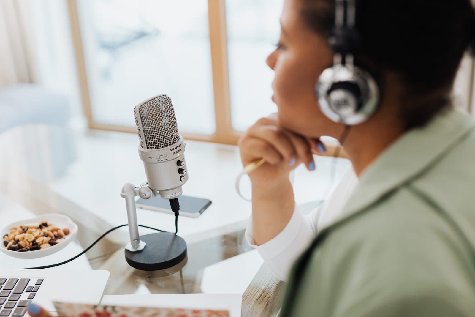 Recording at a podcast microphone